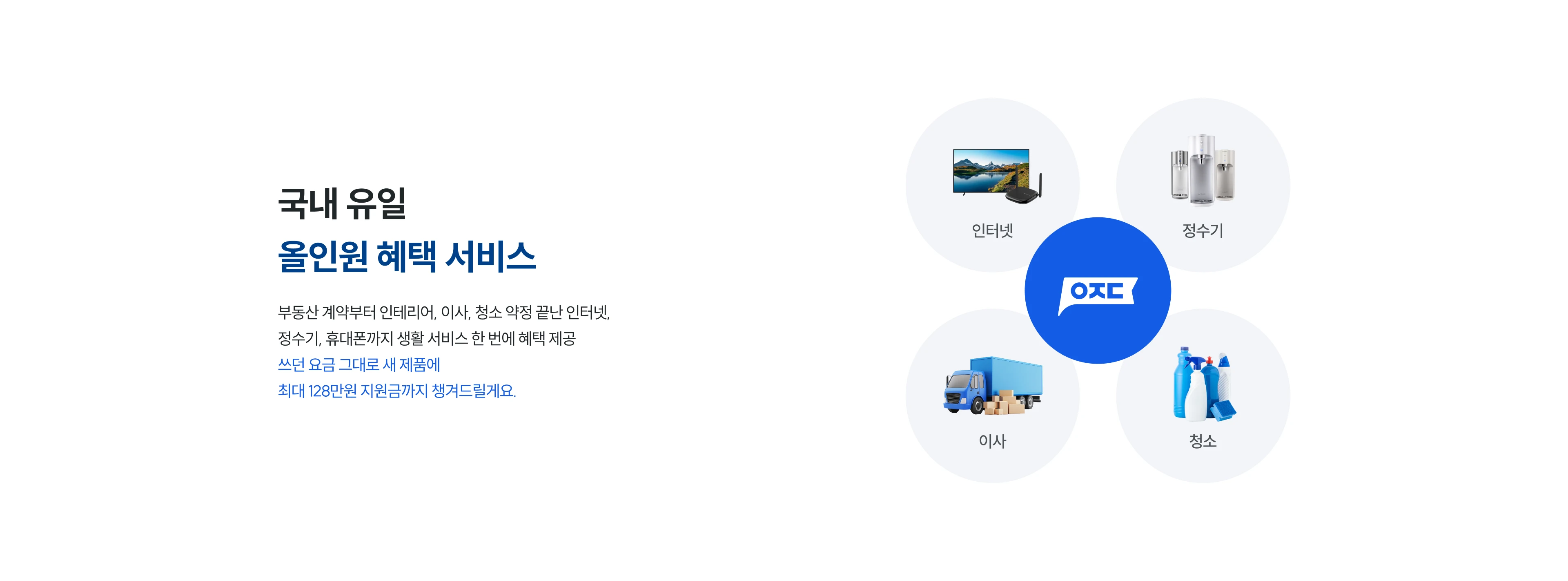 국내 유일 올인원 혜택 서비스 부동산 계약부터 인테리어, 이사, 청소 약정 끝난 인터넷, 정수기, 휴대폰까지 생활 서비스 한 번에 혜택 제공 쓰던 요금 그대로 새 제품에 최대 128만원 지원금까지 챙겨드릴게요.